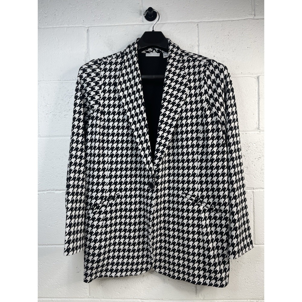 Susan Graver Womens Blazer Sz XL White/Black Houndstooth Long Sleeve Pockets EUC